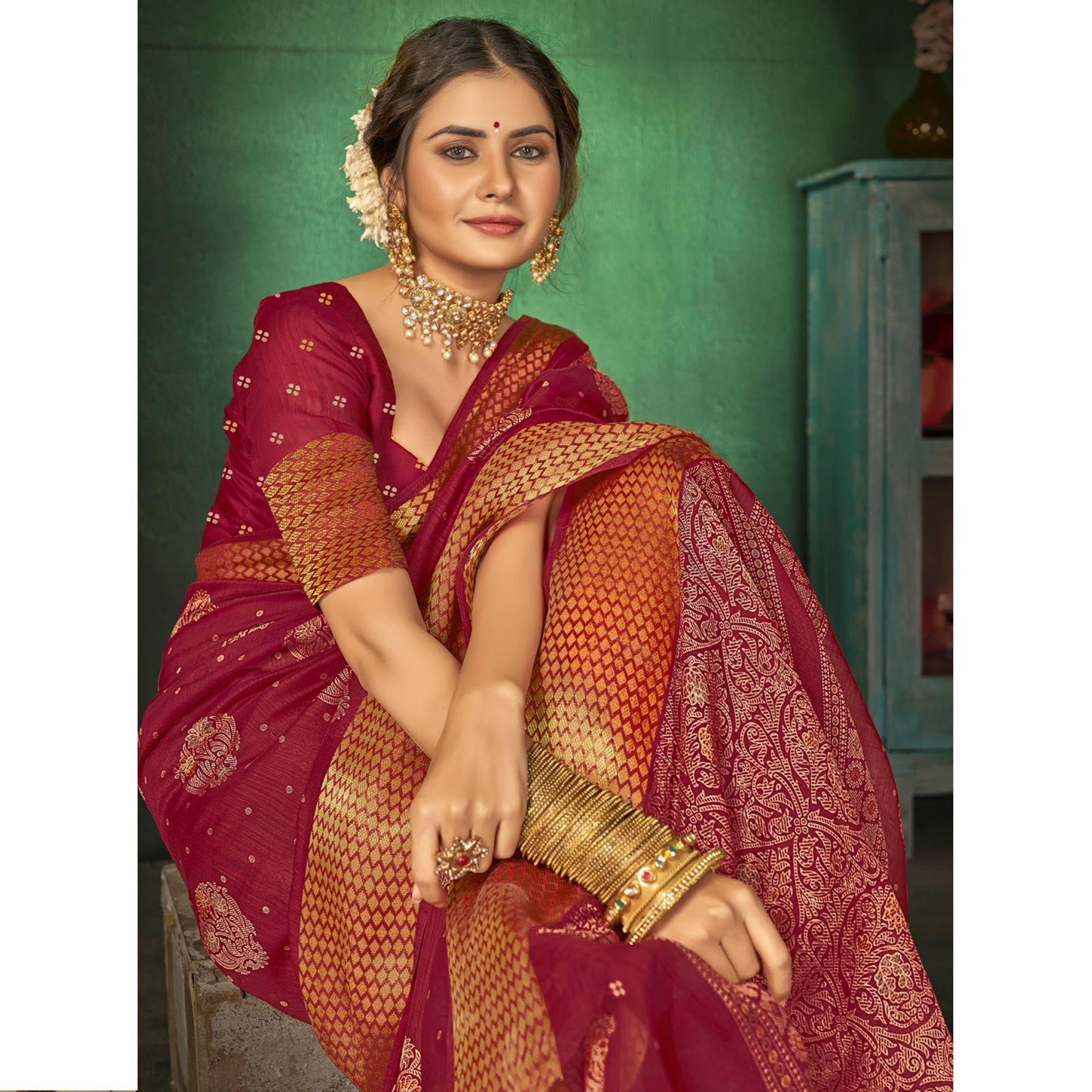 Red Festive Wear Digital Printed Cotton Saree - Peachmode
