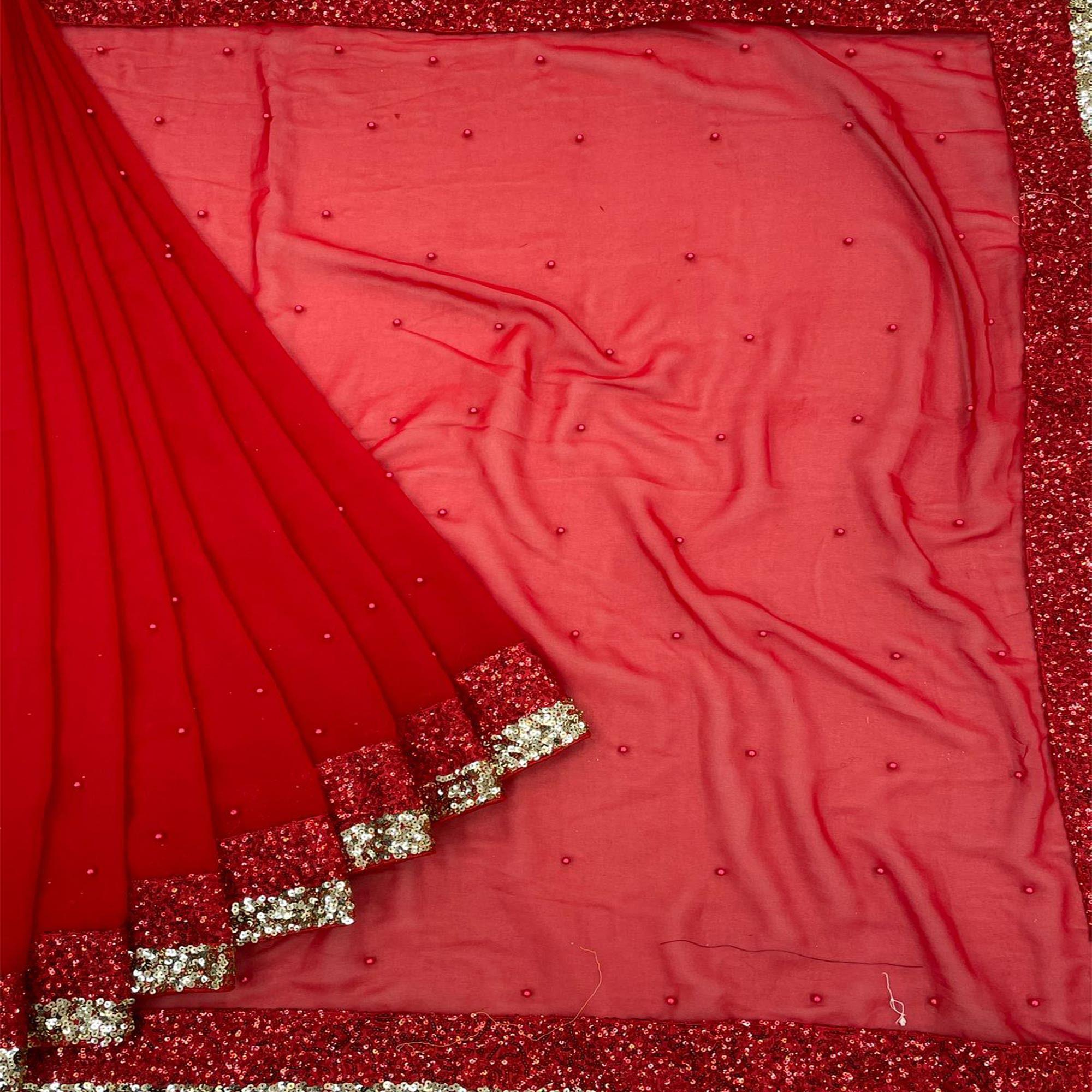 Red Festive Wear Embellished Georgette Saree - Peachmode