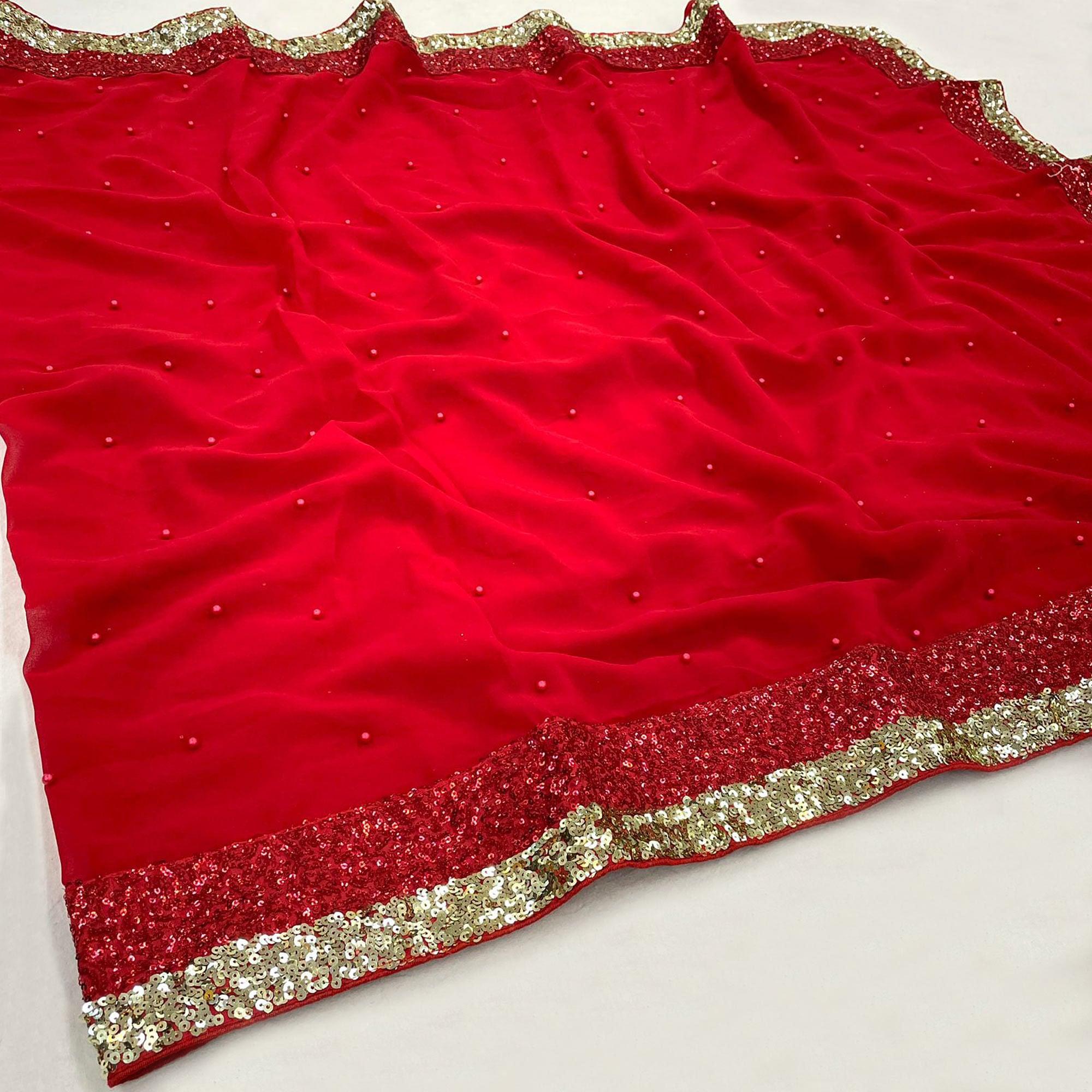 Red Festive Wear Embellished Georgette Saree - Peachmode