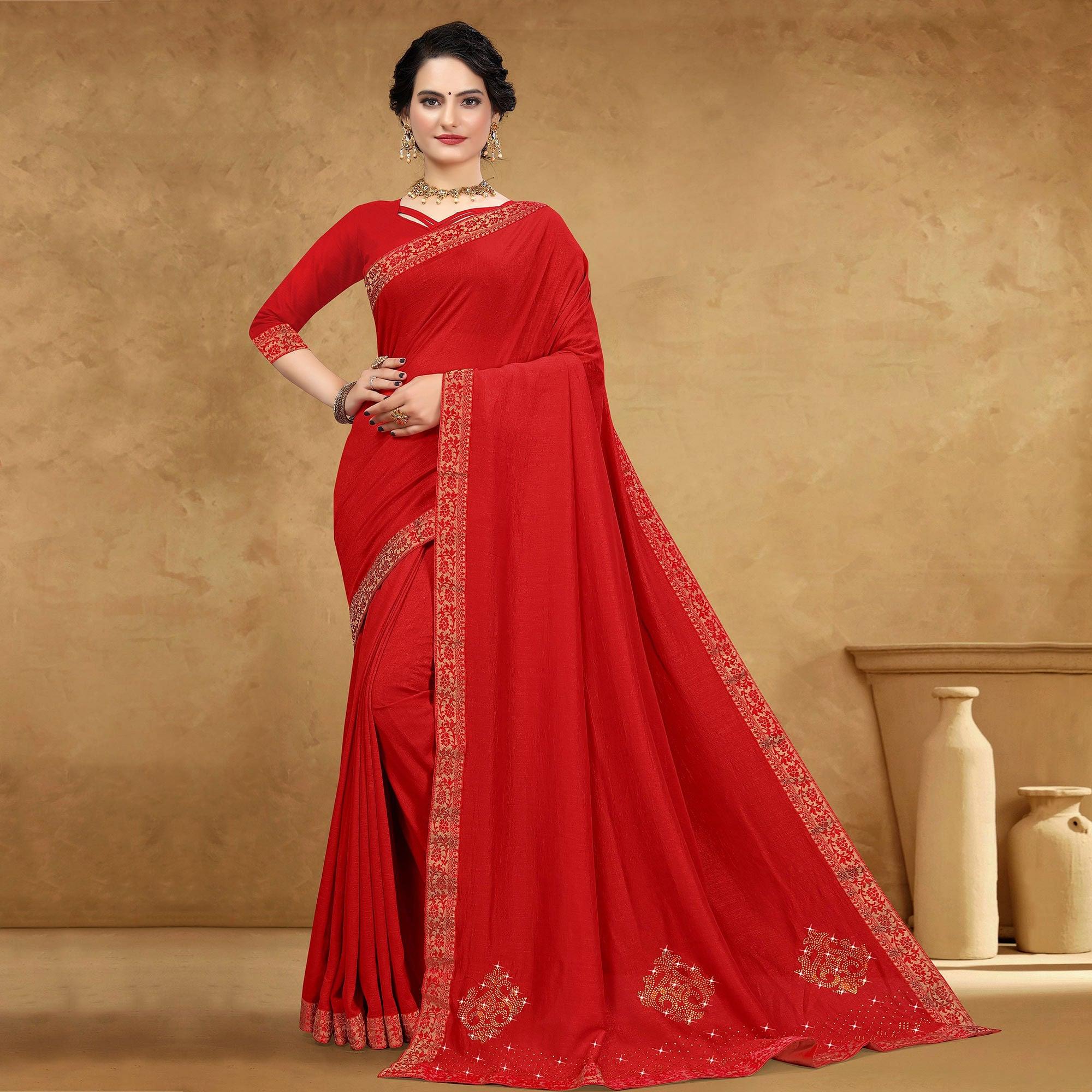 Red Festive Wear Embellished Vichitra Silk Saree - Peachmode