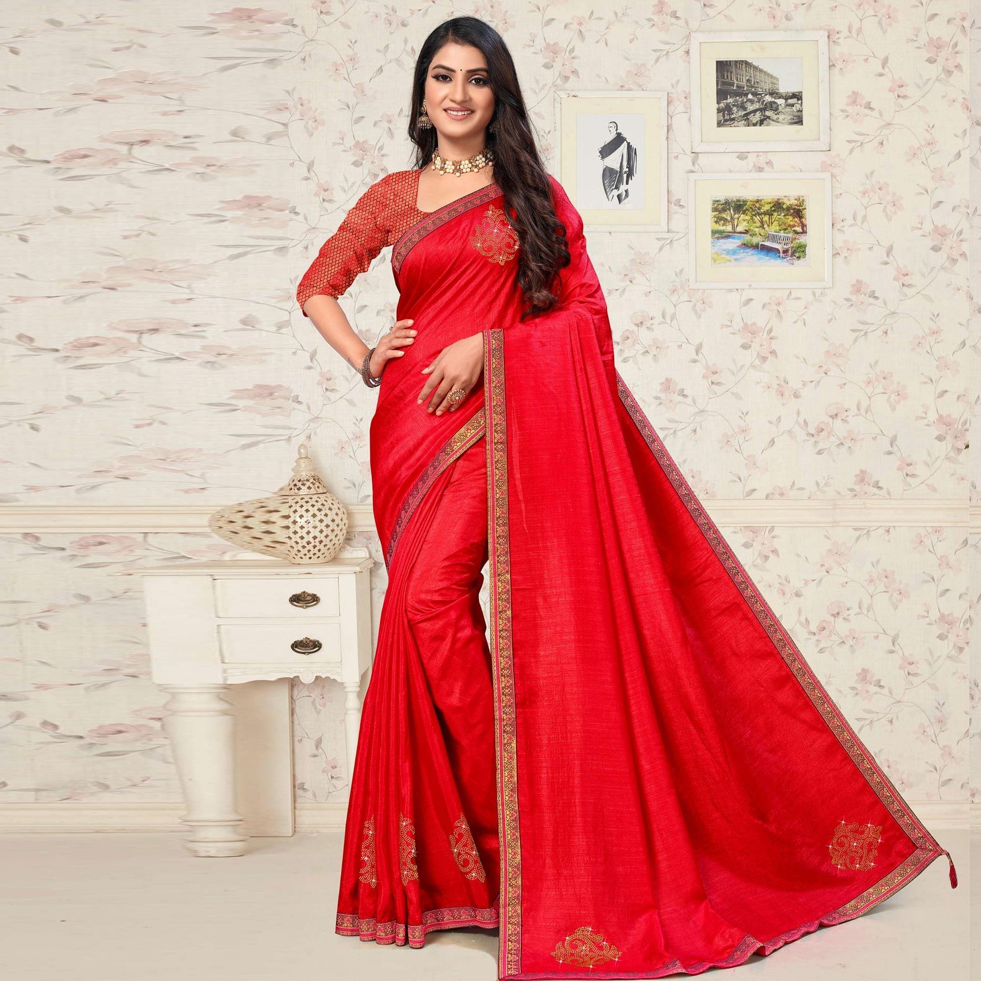 Red Festive Wear Embellished Vichitra Silk Saree - Peachmode
