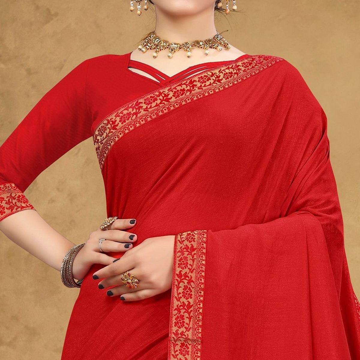 Red Festive Wear Embellished Vichitra Silk Saree - Peachmode