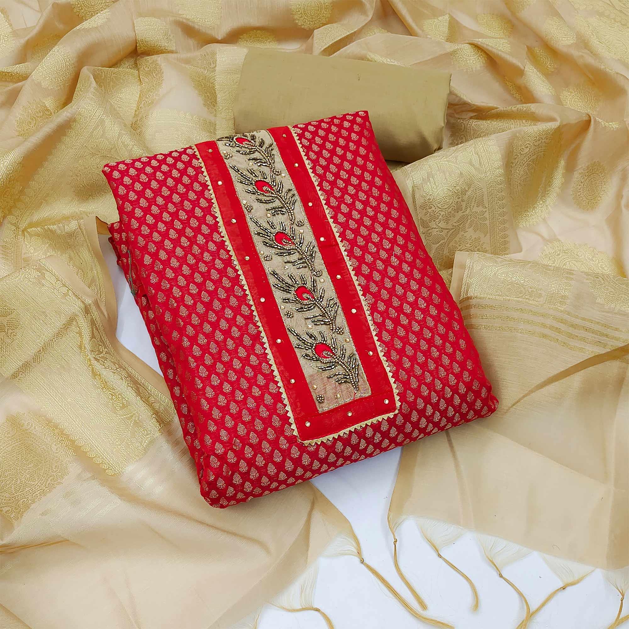 Red Festive Wear Embellished with Woven Chanderi Dress Material - Peachmode