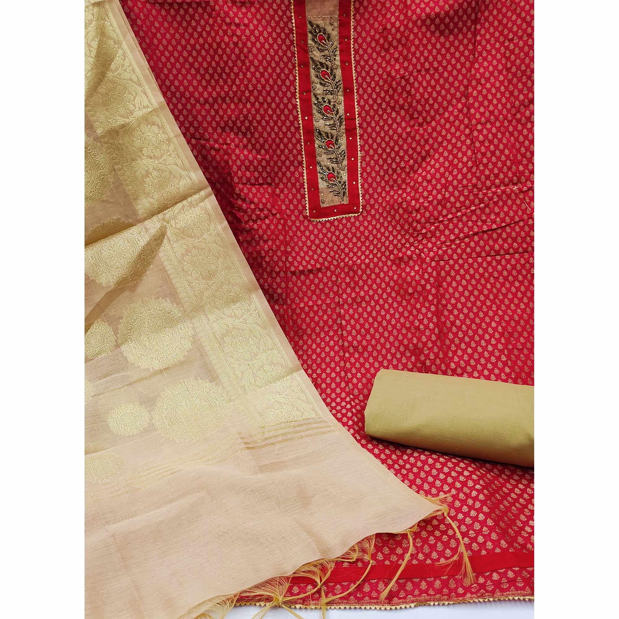 Red Festive Wear Embellished with Woven Chanderi Dress Material - Peachmode