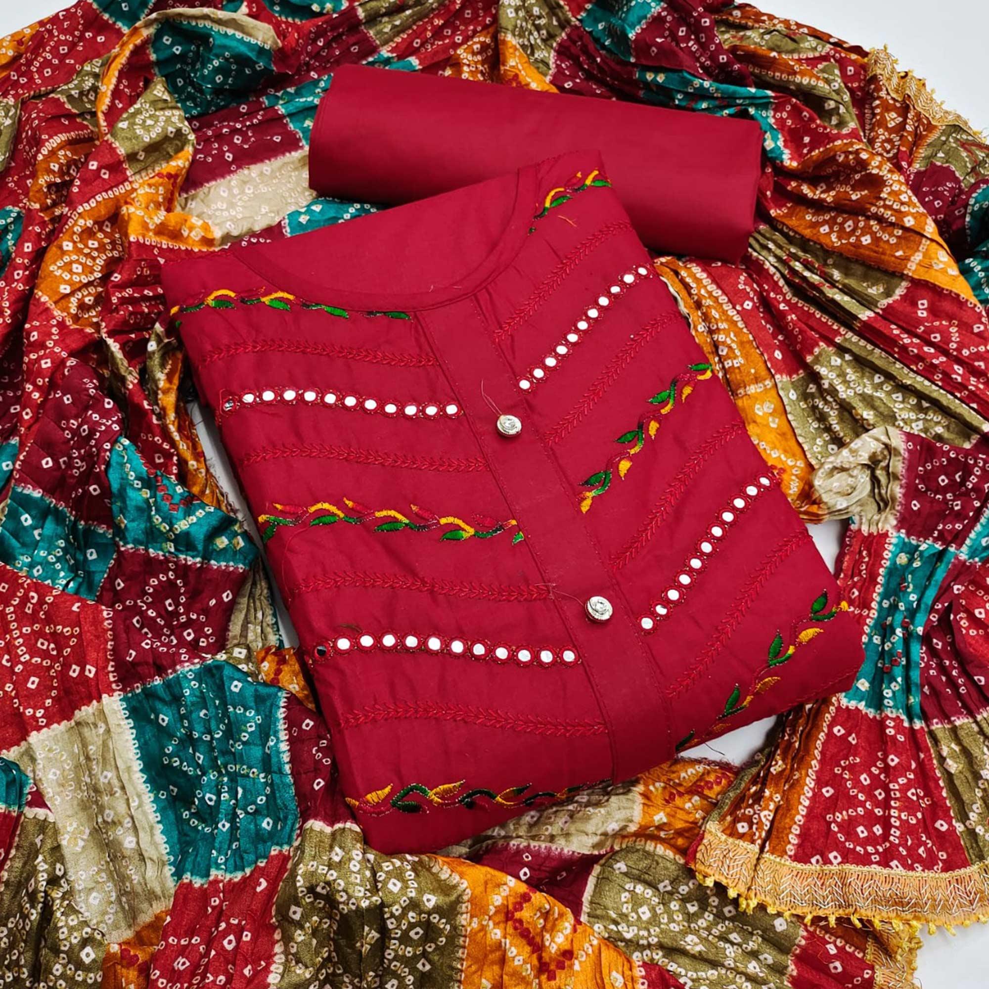 Red Festive Wear Embroidered & Embellished Cotton Dress Material - Peachmode