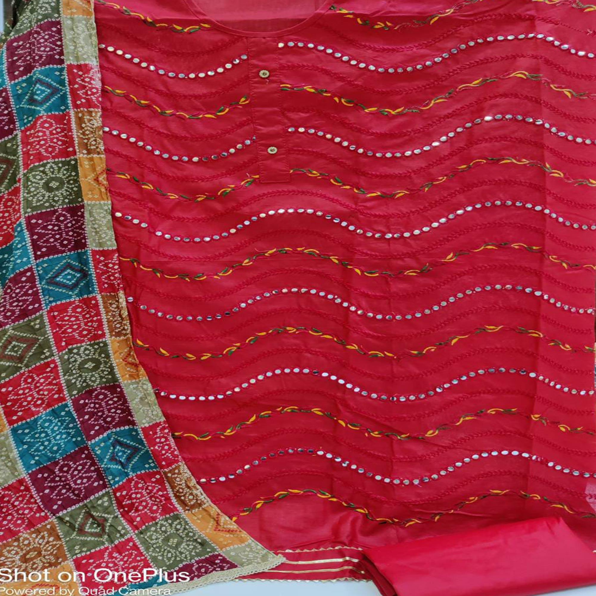 Red Festive Wear Embroidered & Embellished Cotton Dress Material - Peachmode