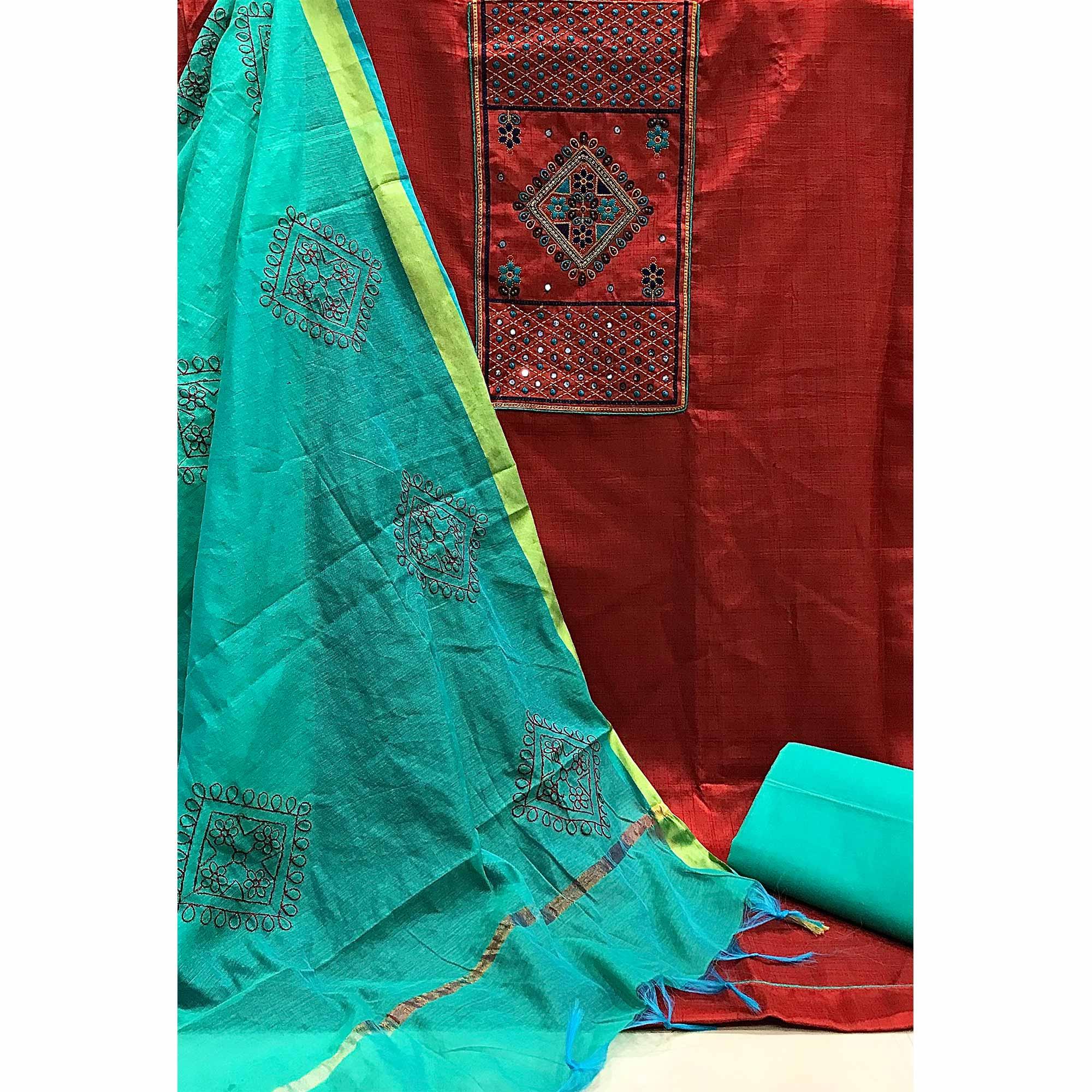 Red Festive Wear Embroidered & Embellished Cotton Dress Material - Peachmode