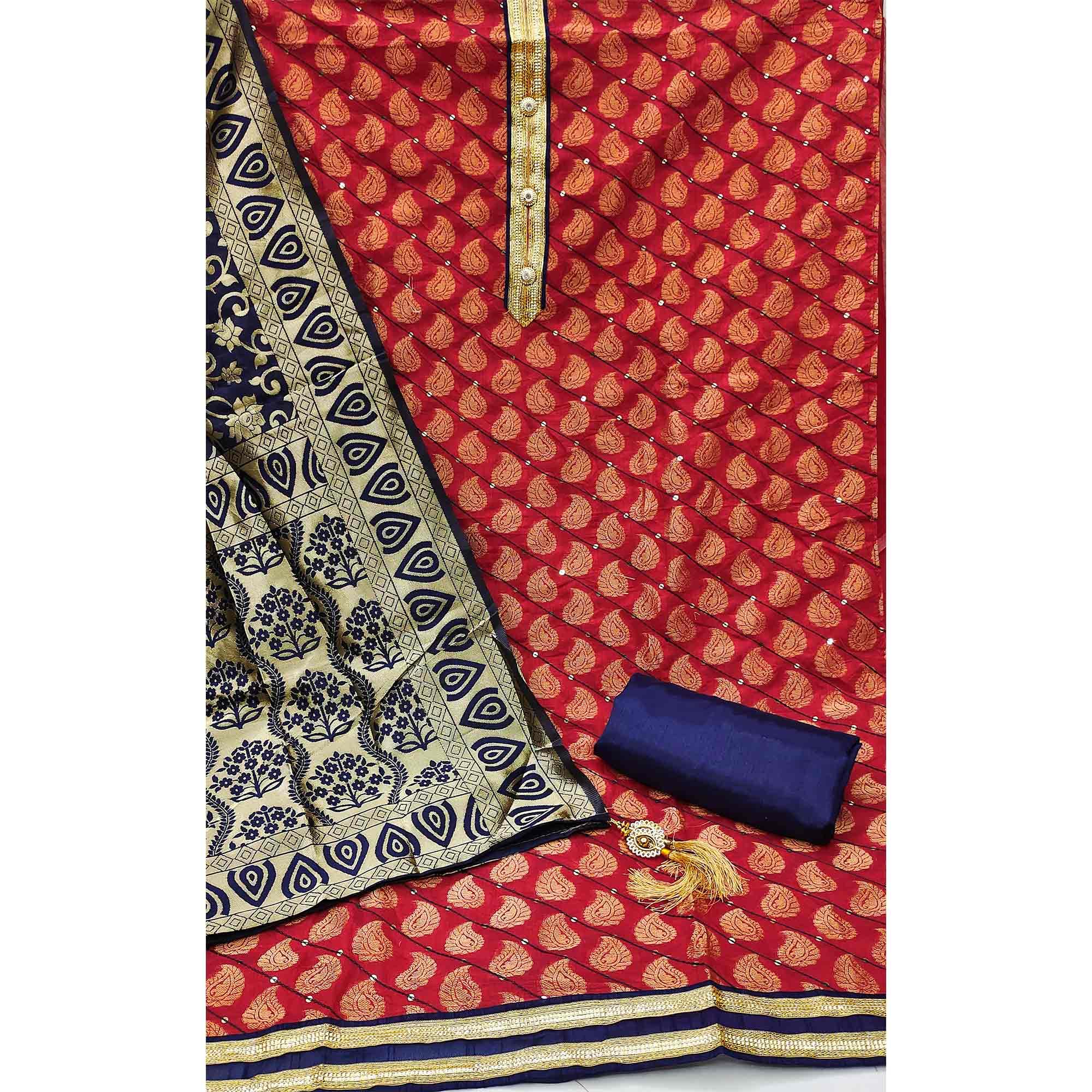 Red Festive Wear Embroidered Chanderi Dress Material - Peachmode
