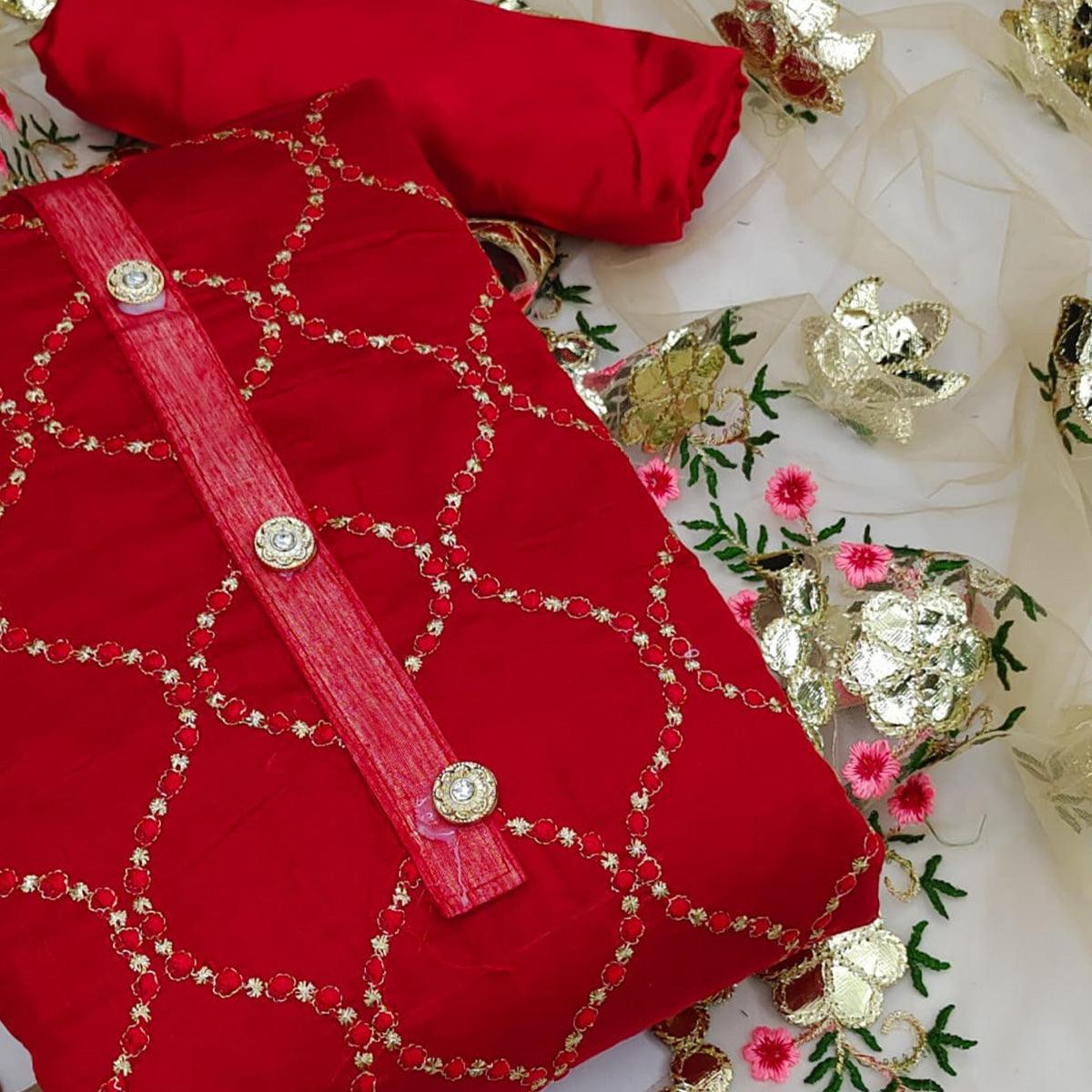 Red Festive Wear Embroidered Chanderi Dress Material - Peachmode