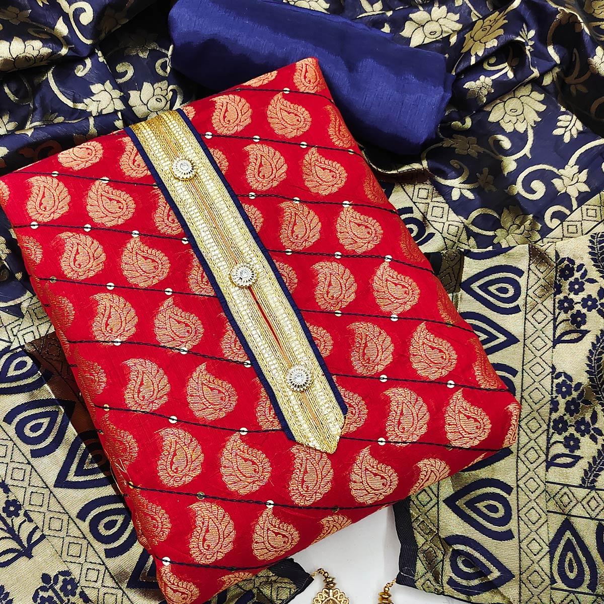 Red Festive Wear Embroidered Chanderi Dress Material - Peachmode