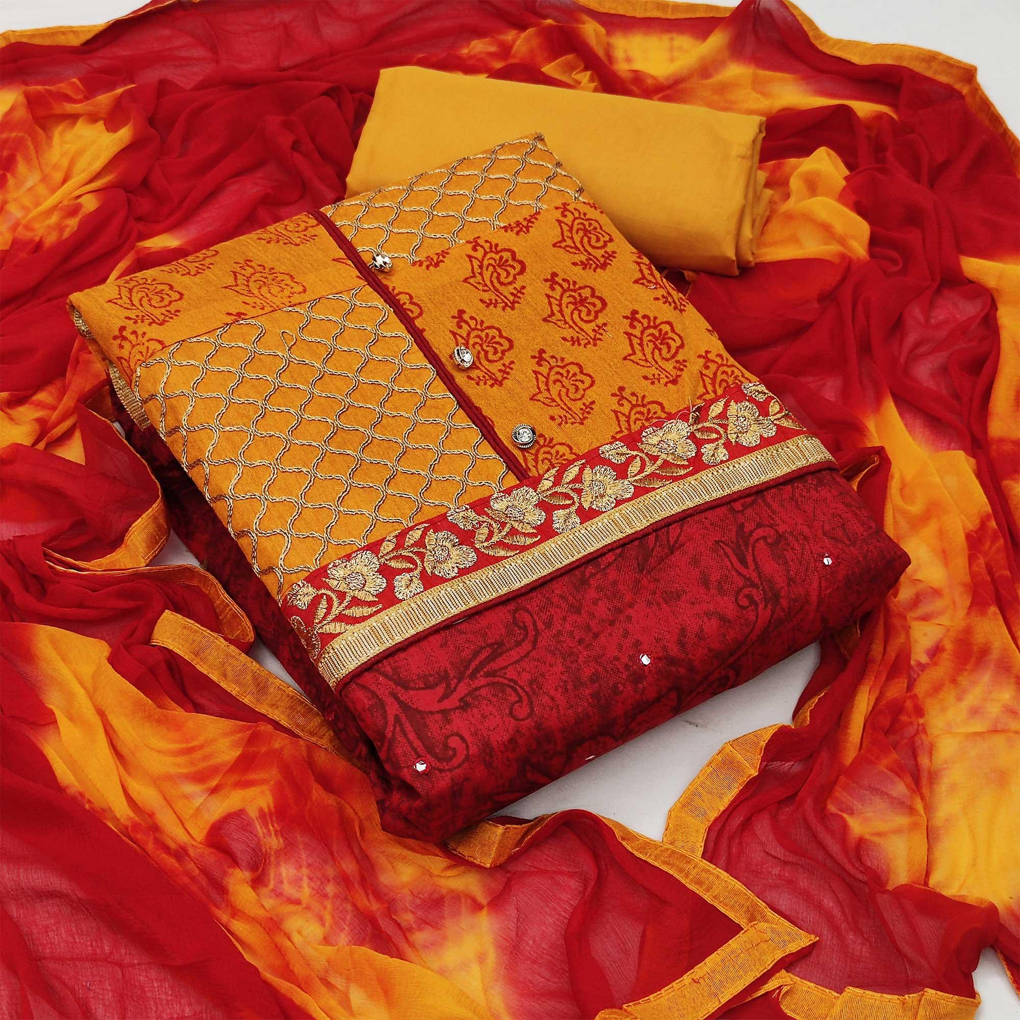 Red Festive Wear Embroidered Cotton Dress Material - Peachmode