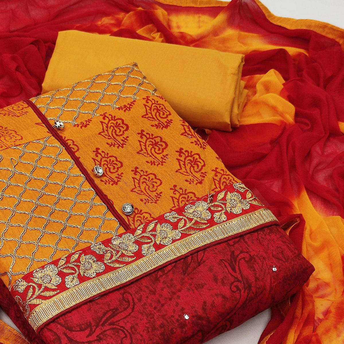 Red Festive Wear Embroidered Cotton Dress Material - Peachmode