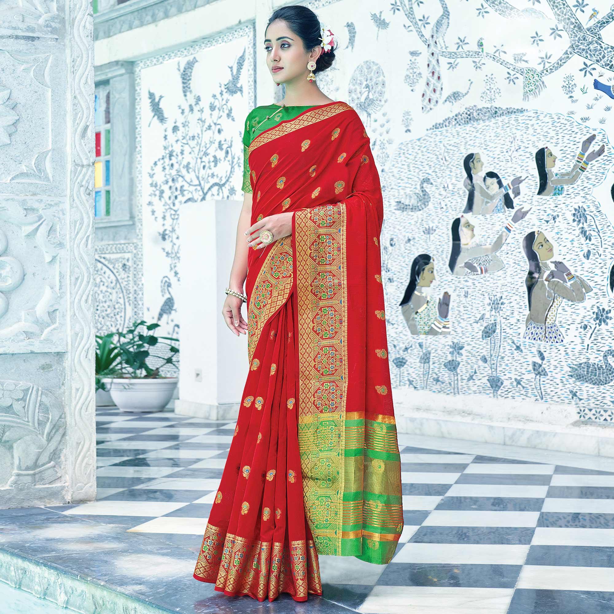 Red Festive Wear Embroidered Cotton Saree - Peachmode