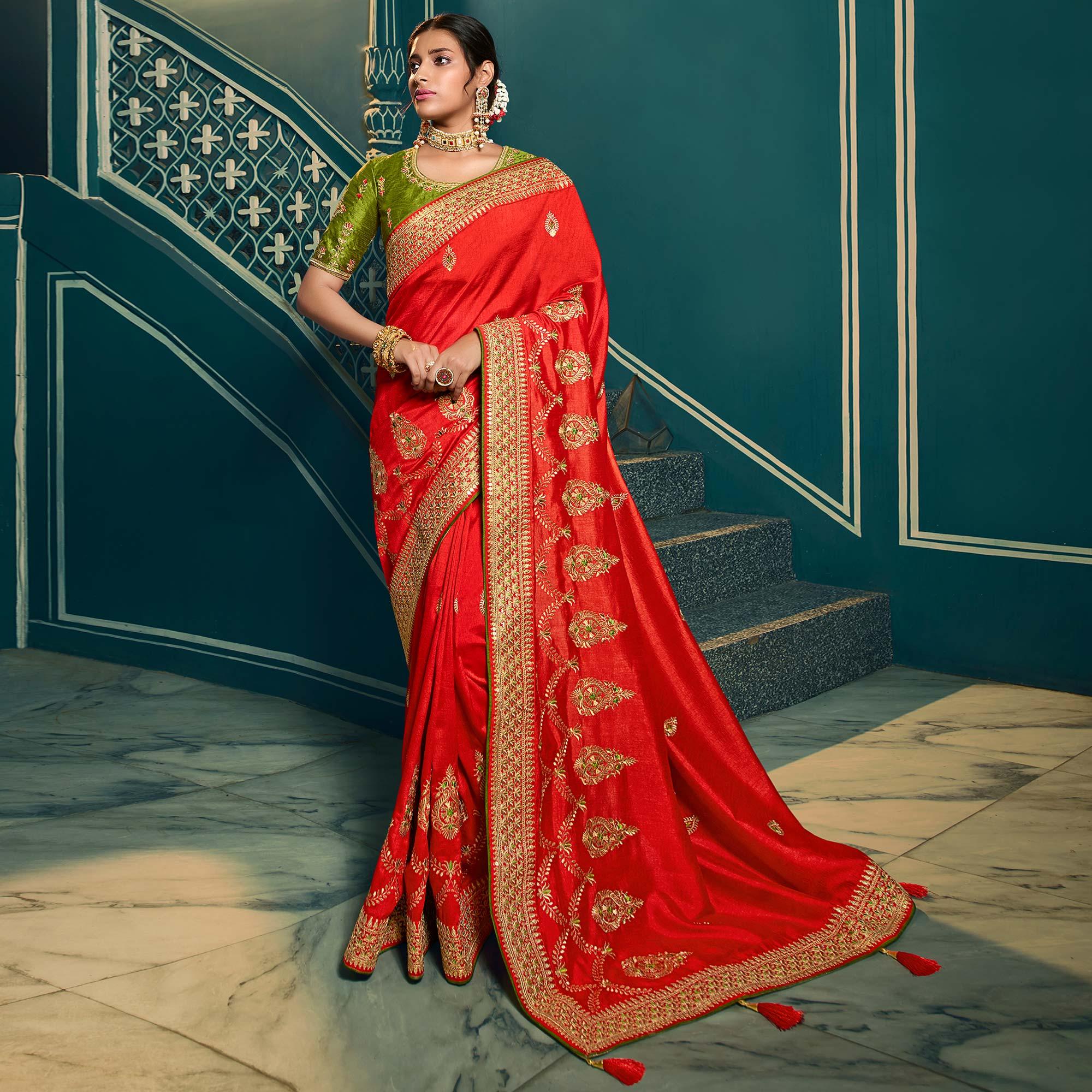 Red Festive Wear Embroidered Silk Saree - Peachmode