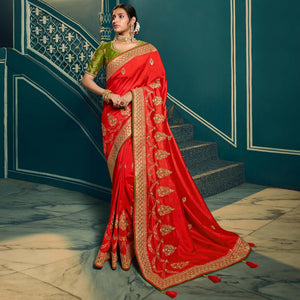 Red Festive Wear Embroidered Silk Saree - Peachmode