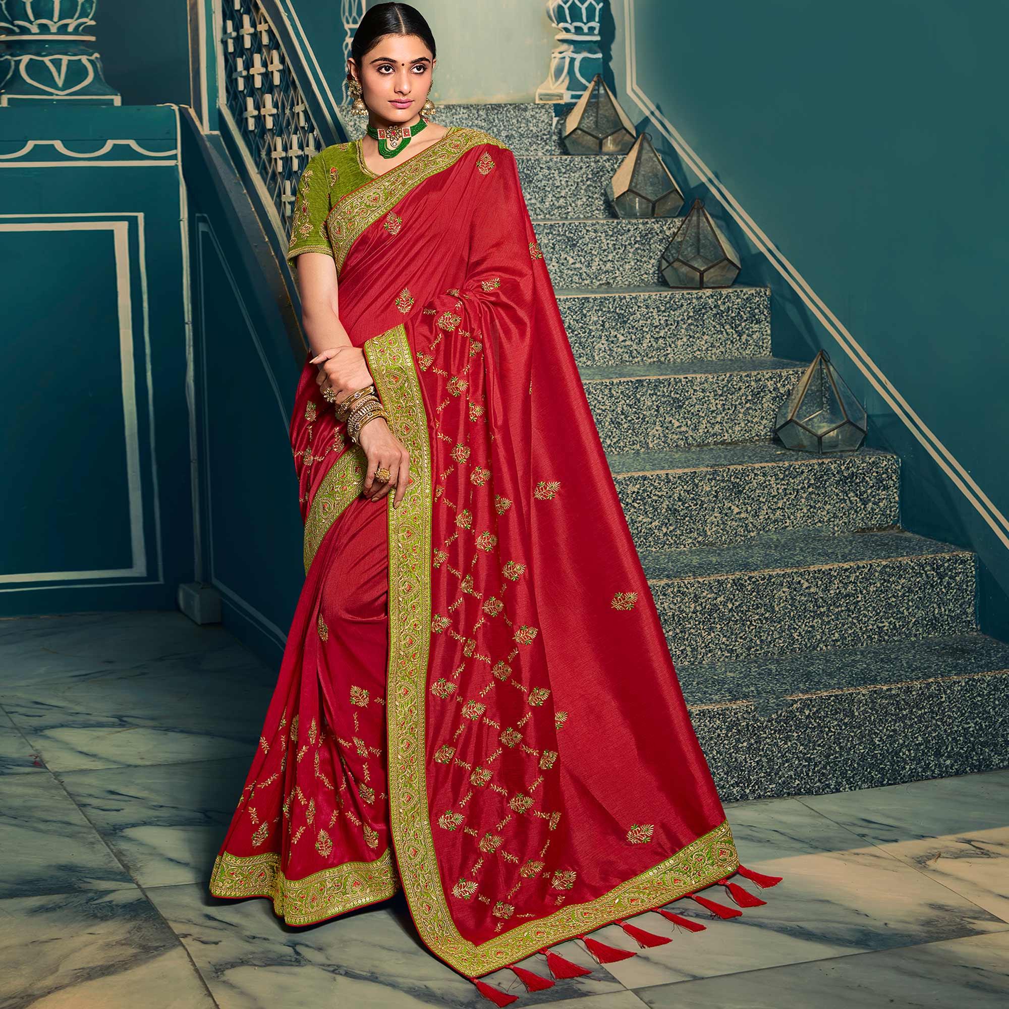 Red Festive Wear Embroidered Silk Saree - Peachmode