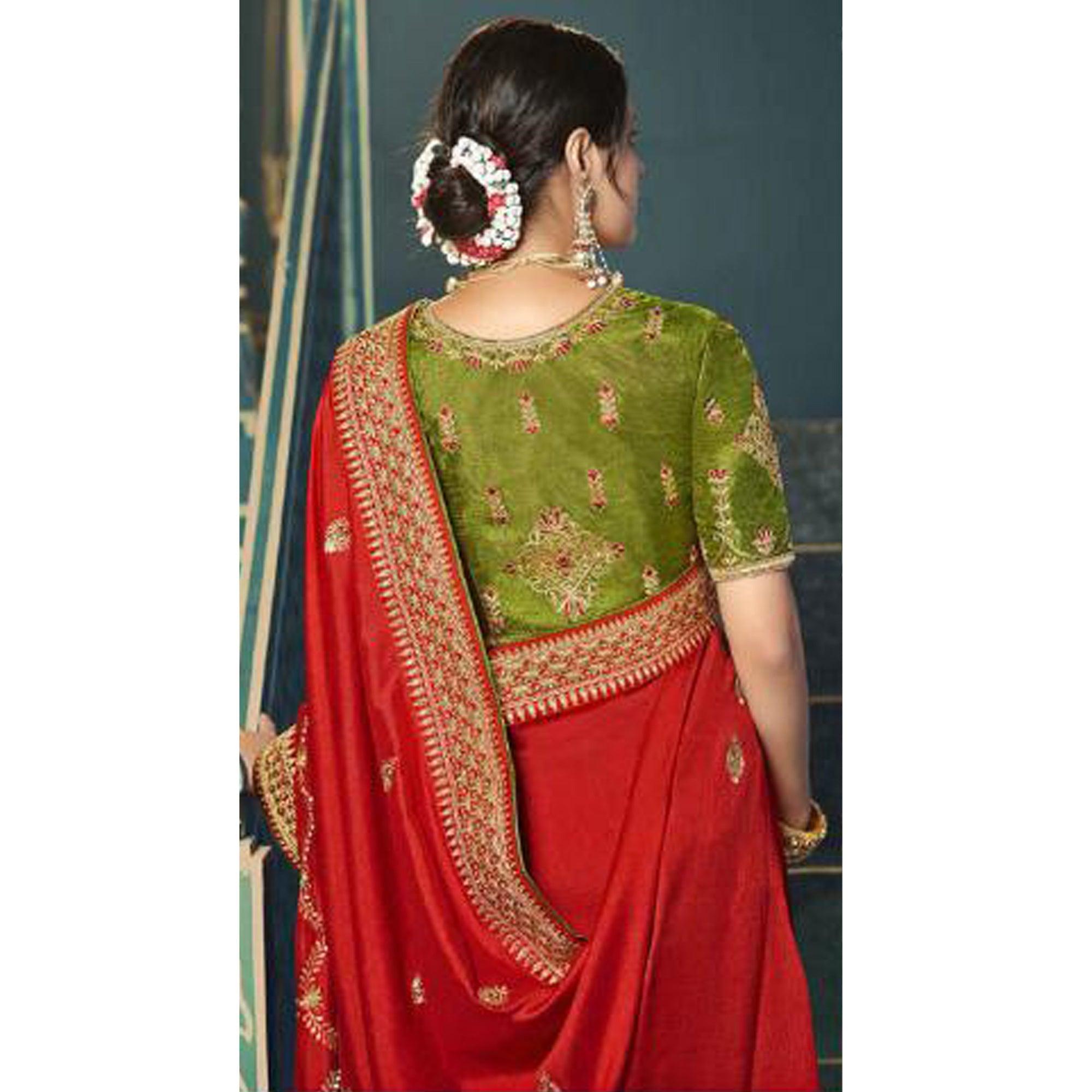 Red Festive Wear Embroidered Silk Saree - Peachmode