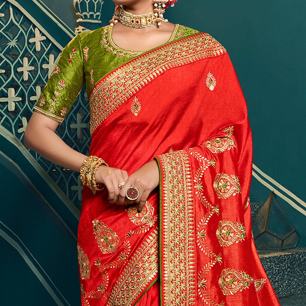 Red Festive Wear Embroidered Silk Saree - Peachmode