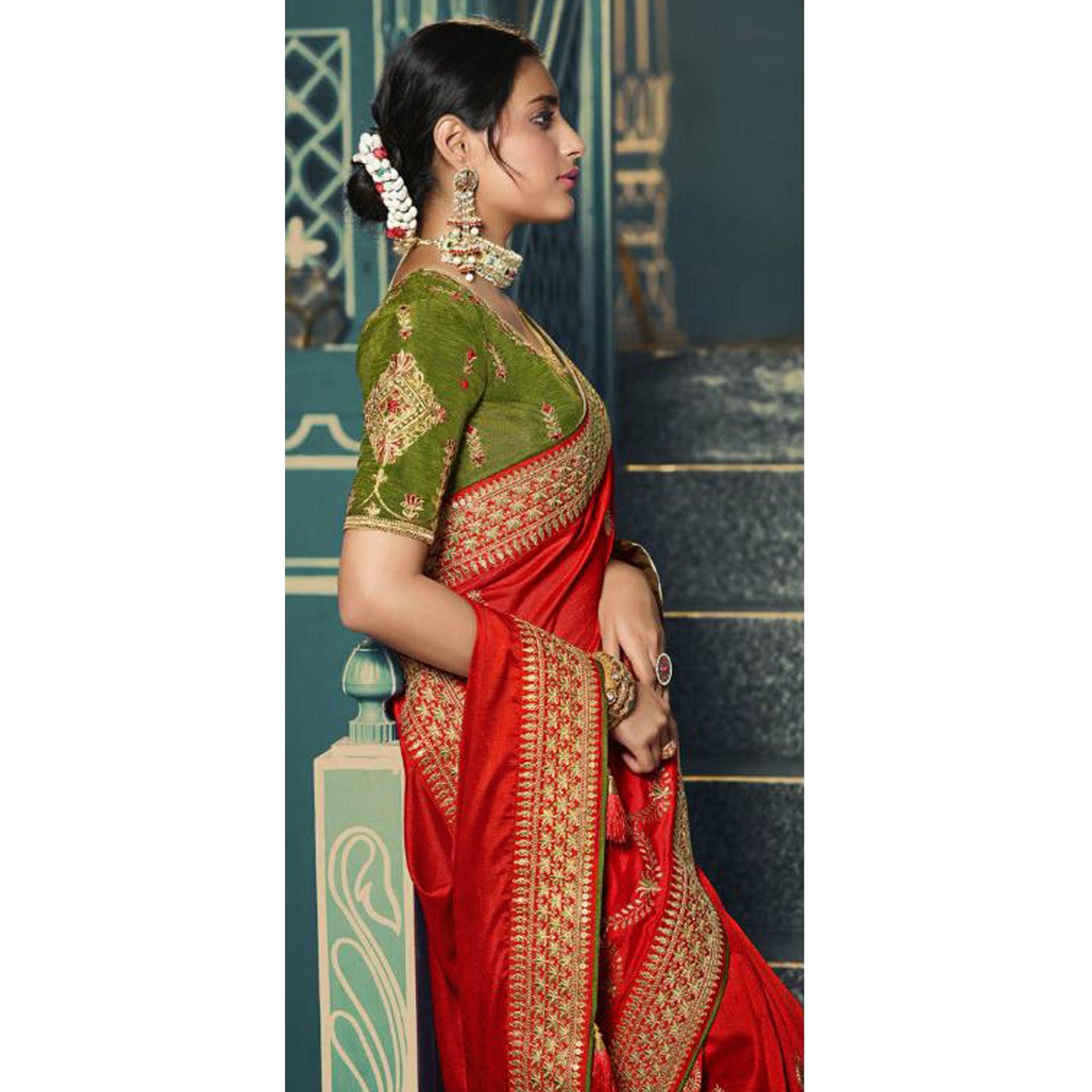 Red Festive Wear Embroidered Silk Saree - Peachmode