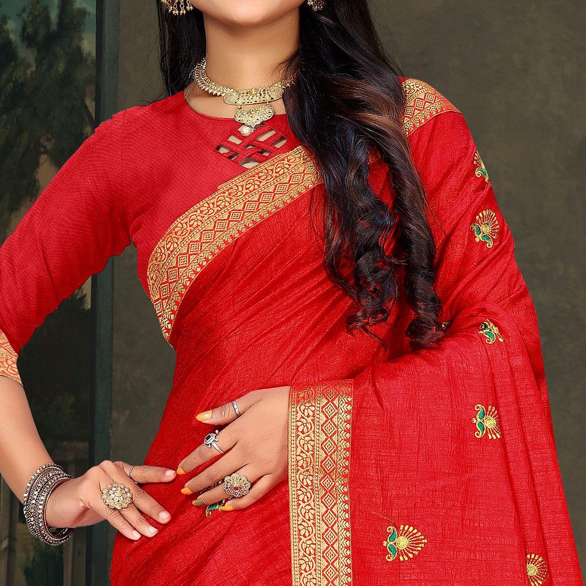 Red Festive Wear Embroidered Vichitra Silk Saree - Peachmode