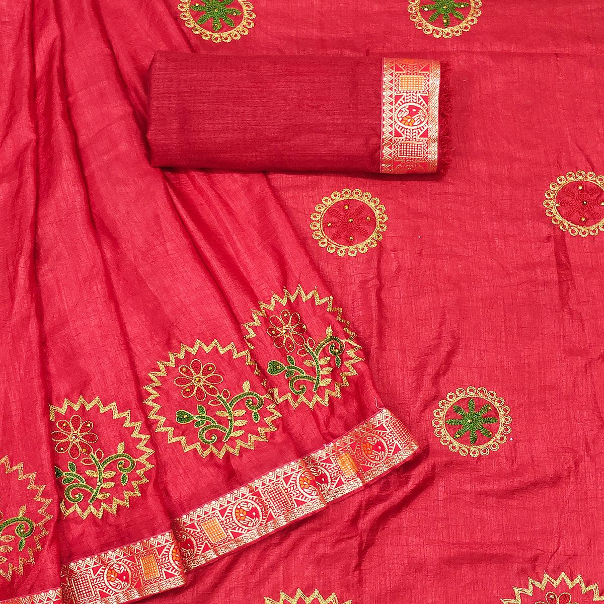 Red Festive Wear Embroidered With Embellished Vichitra Silk Saree - Peachmode
