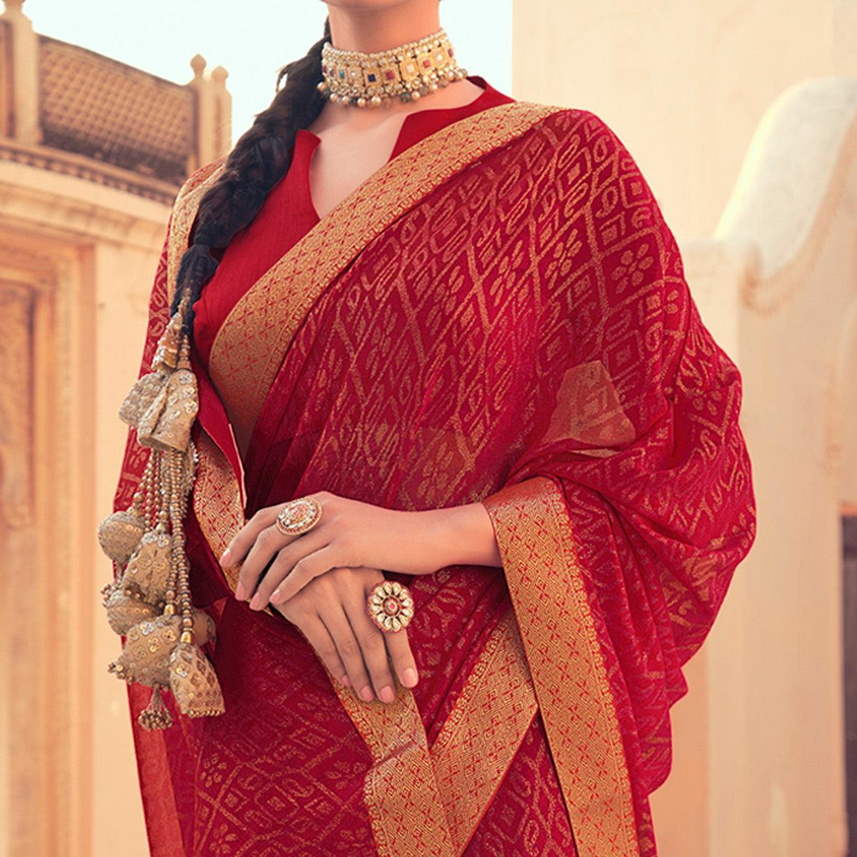 Red Festive Wear Fancy Smoke Printed Georgette Saree Fancy Lace - Peachmode