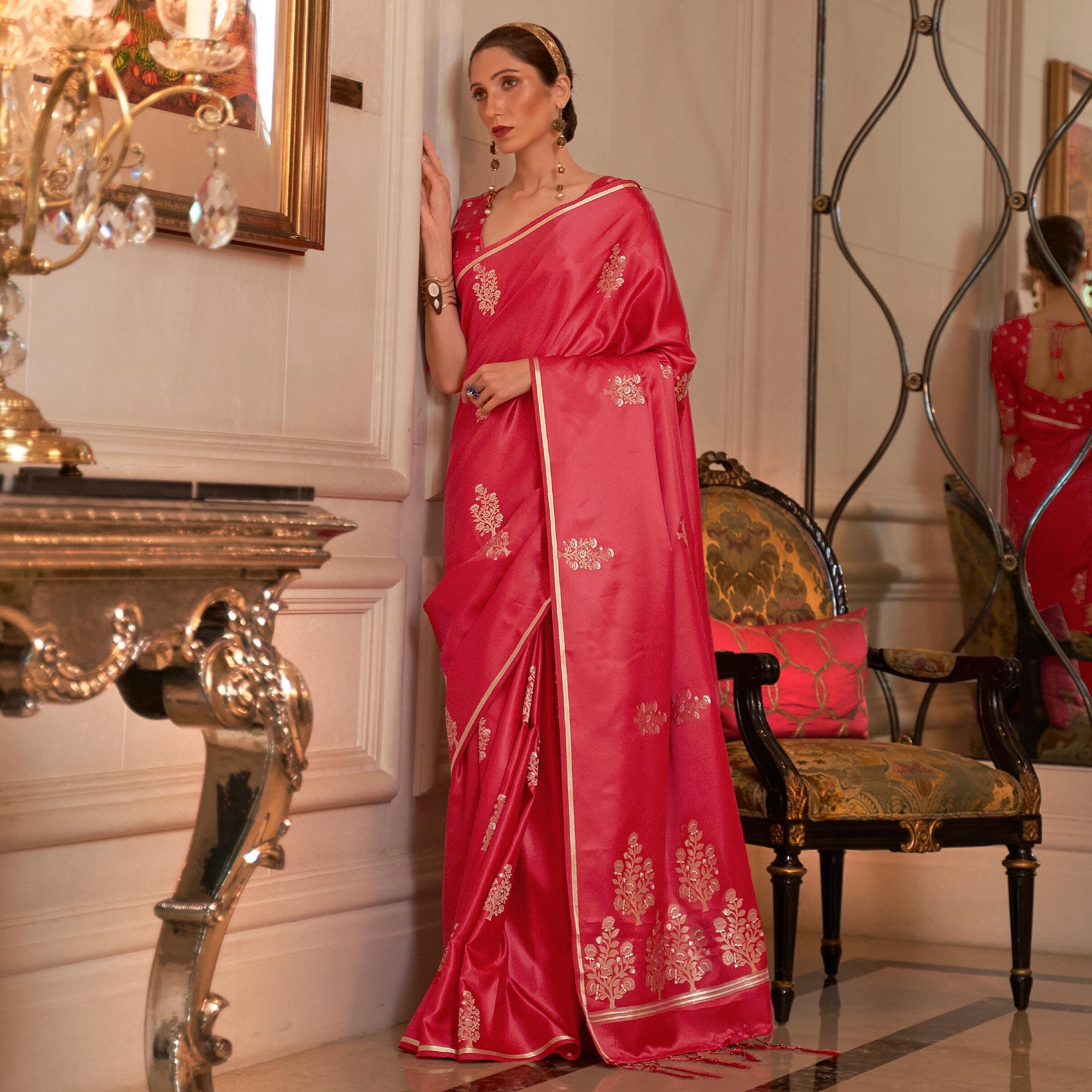 Red Festive Wear Floral Designer Woven Pure Satin Silk Saree - Peachmode