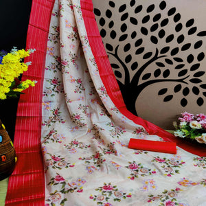 Red Festive Wear Floral Digital Print With Woven Border Silk Saree - Peachmode