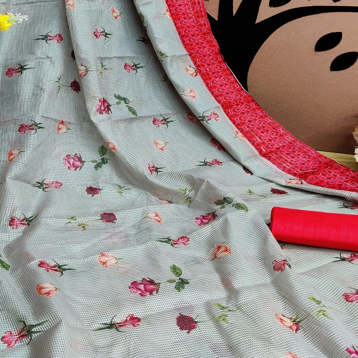 Red Festive Wear Floral Digital Print With Woven Border Silk Saree - Peachmode
