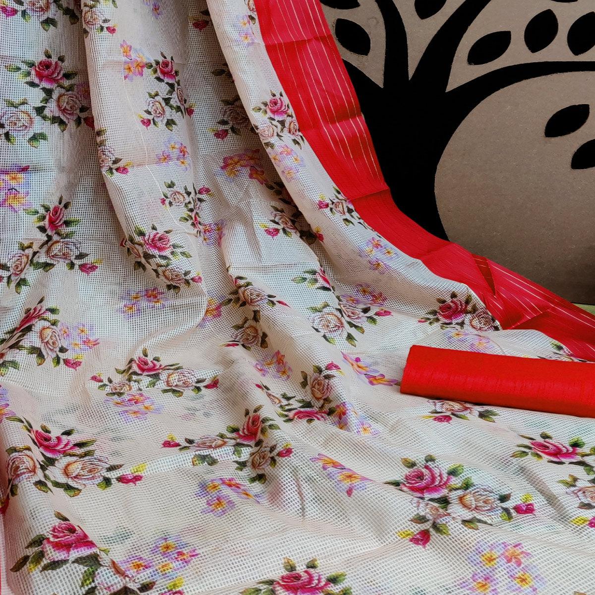 Red Festive Wear Floral Digital Print With Woven Border Silk Saree - Peachmode