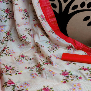 Red Festive Wear Floral Digital Print With Woven Border Silk Saree - Peachmode