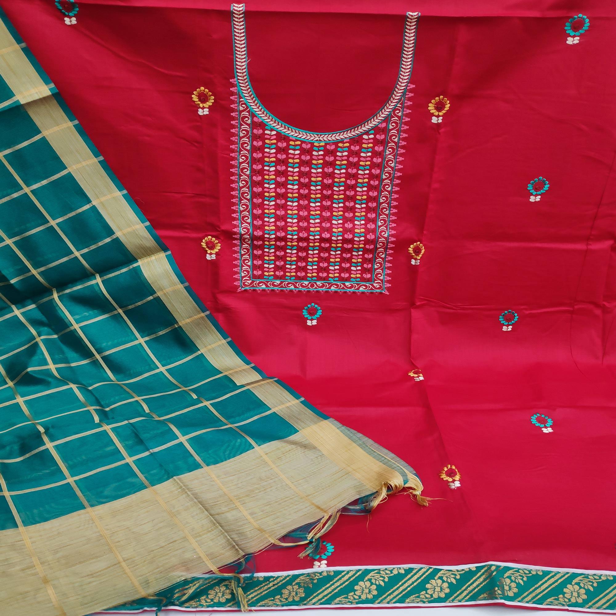 Red Festive Wear Floral Embroidered Cotton Dress Material - Peachmode