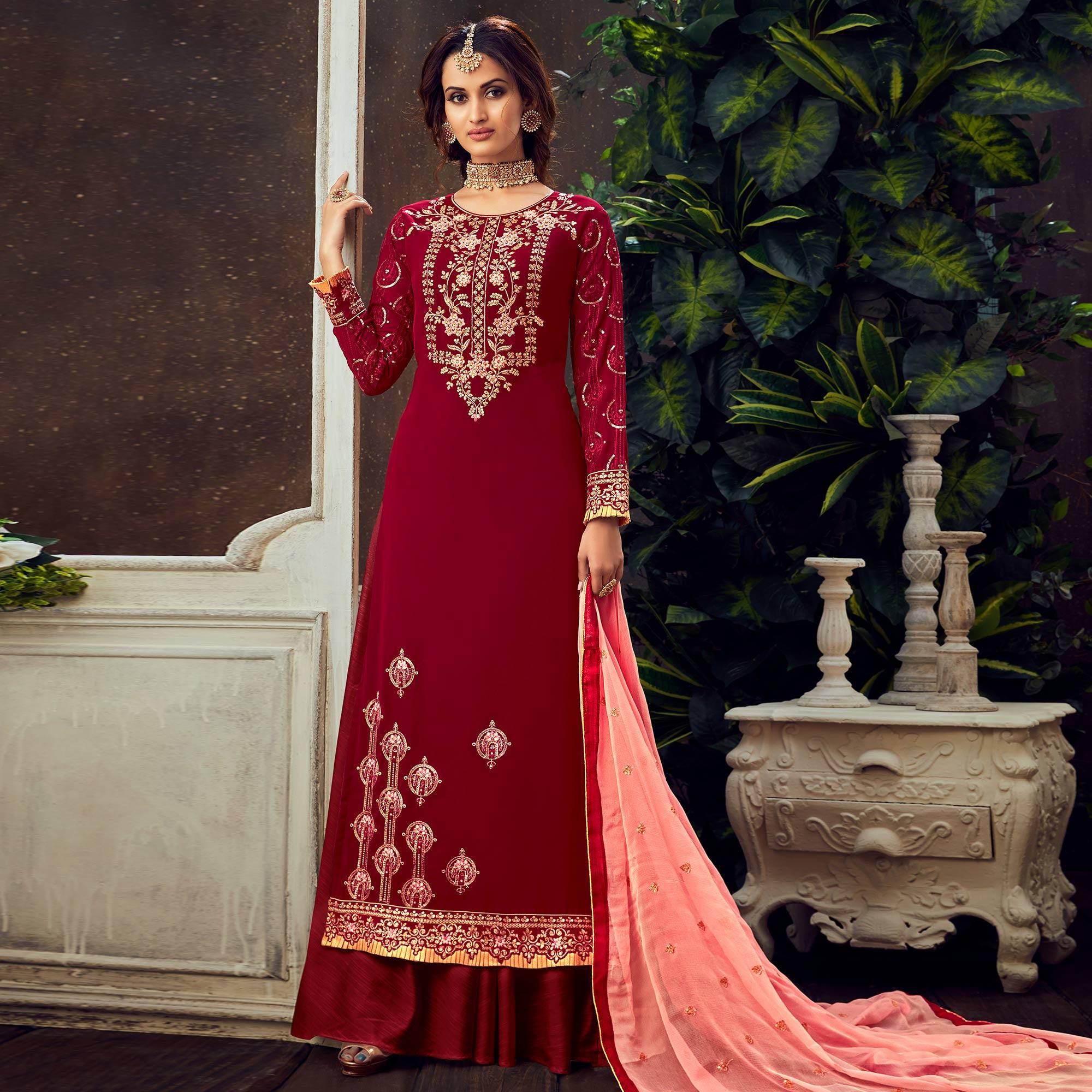 Red Festive Wear Floral Embroidered Pure Georgette Suit - Peachmode