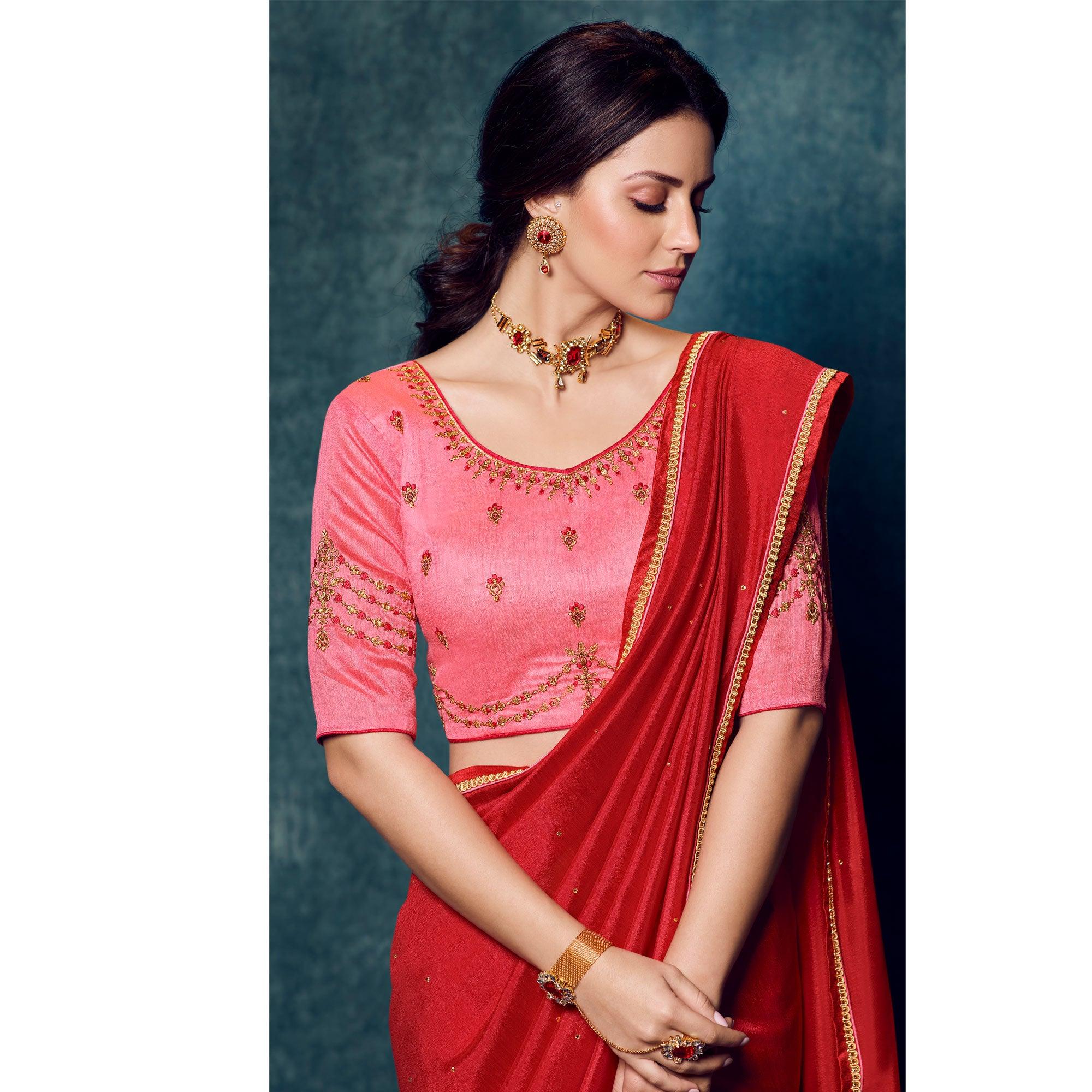 Red Festive Wear Floral Embroidered Silk Saree - Peachmode