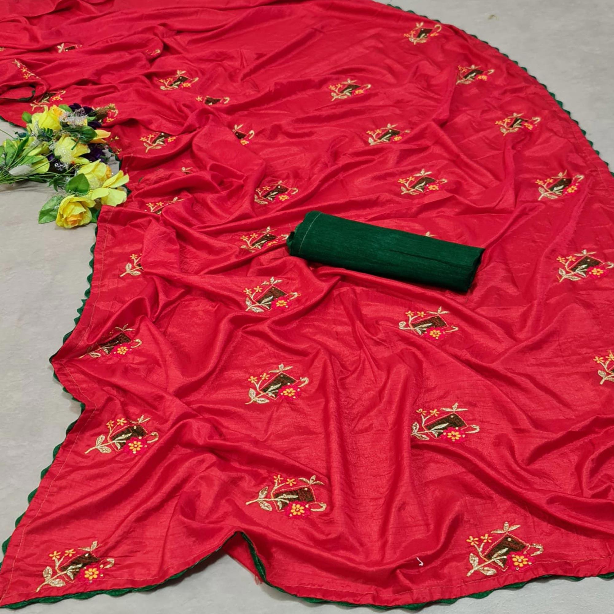 Red Festive Wear Floral Embroidered With Diamond Dola Silk Saree - Peachmode