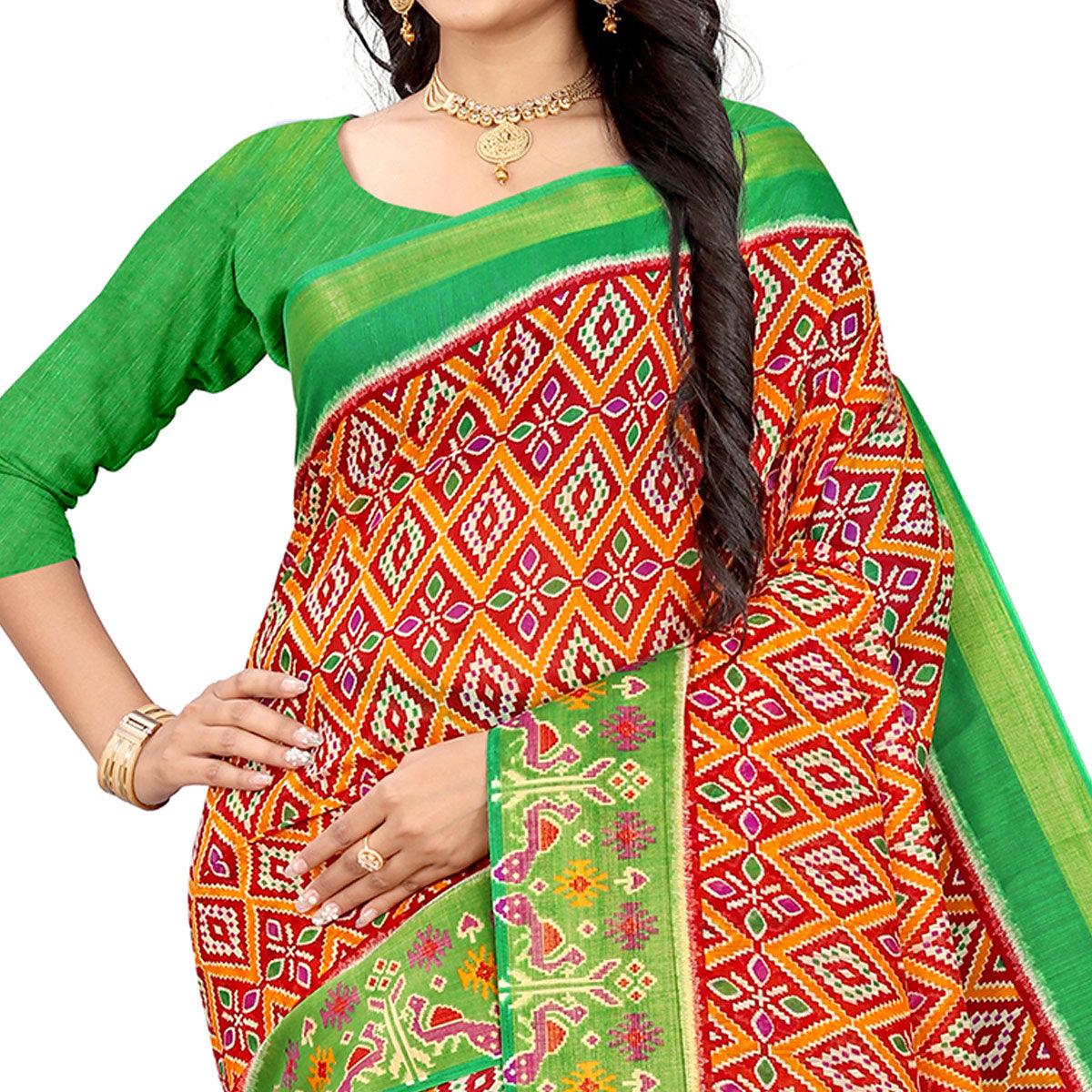 Red Festive Wear Floral Printed Cotton linen Saree - Peachmode