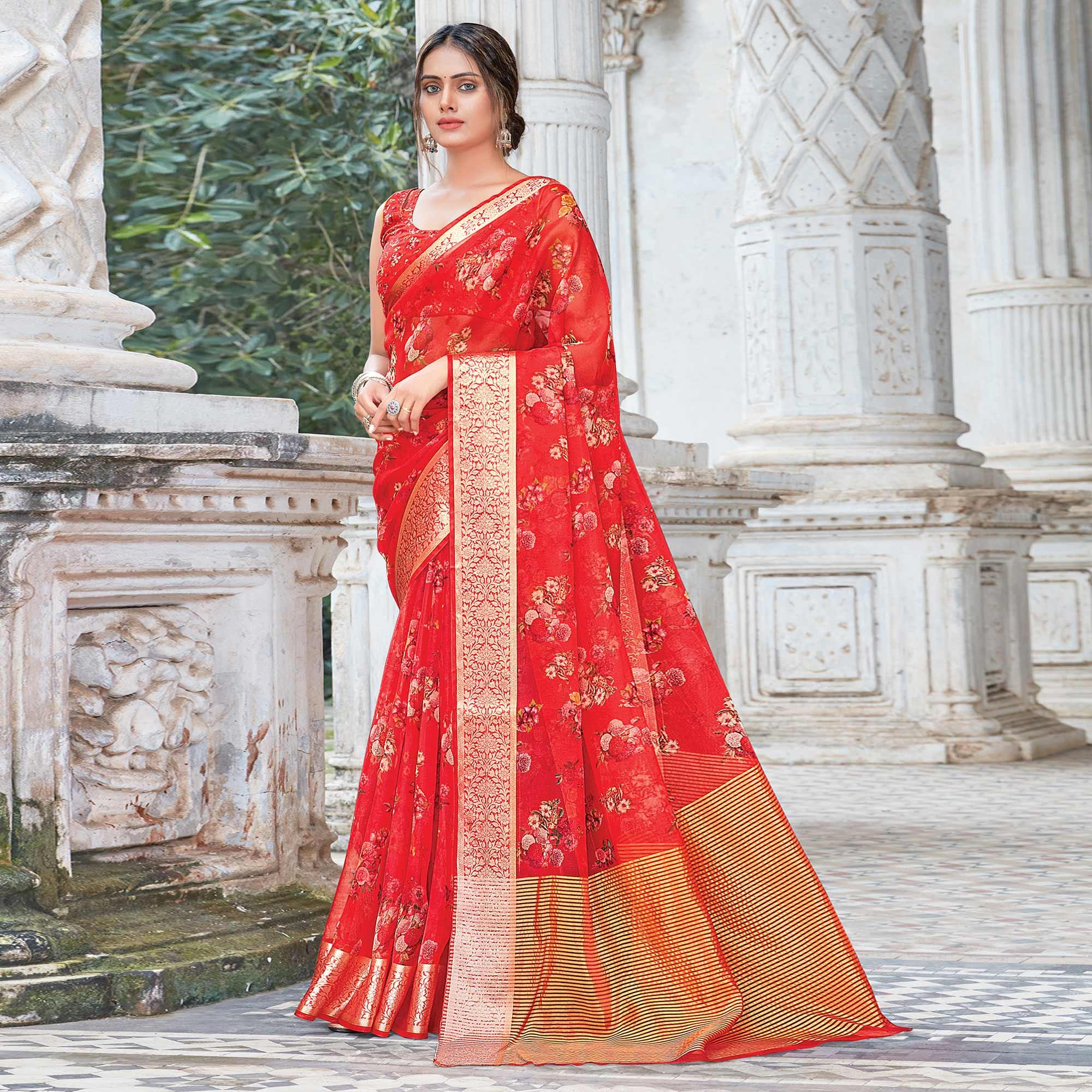 Red Festive Wear Floral Printed Organza Saree - Peachmode