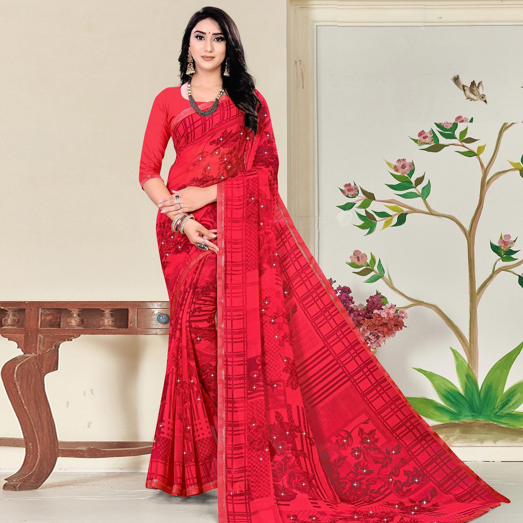 Red Festive Wear Floral Printed With Lace Work Georgette Designer Saree - Peachmode