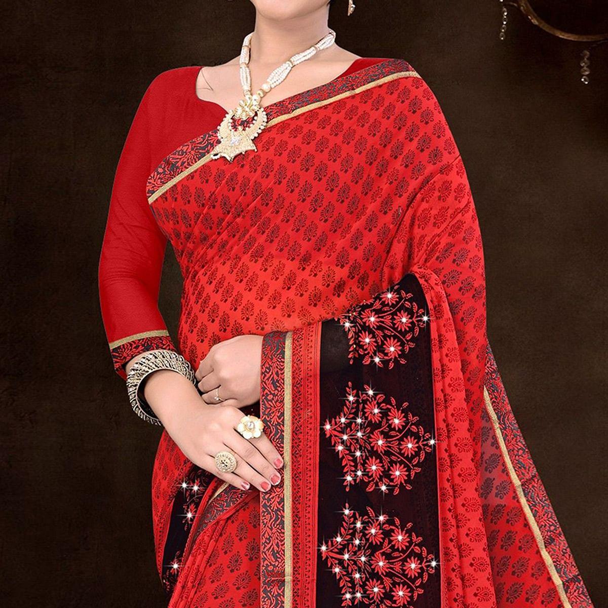 Red Festive Wear Floral Printed Work Georgette Designer Saree - Peachmode
