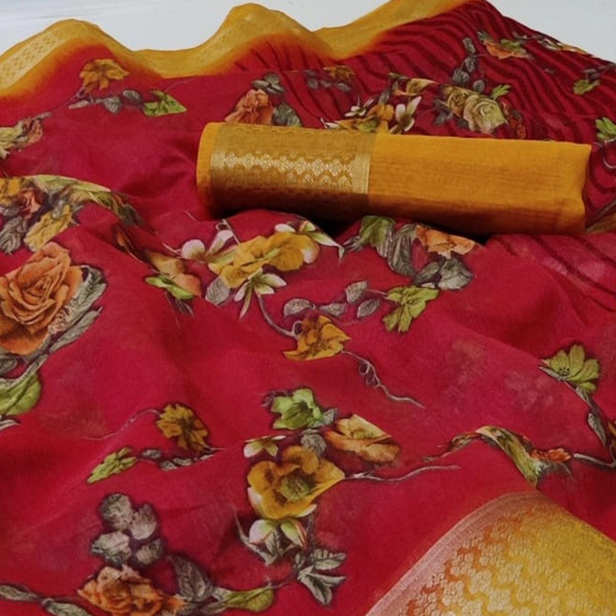 Red Festive Wear Floral Printed Woven Border Cotton Saree - Peachmode