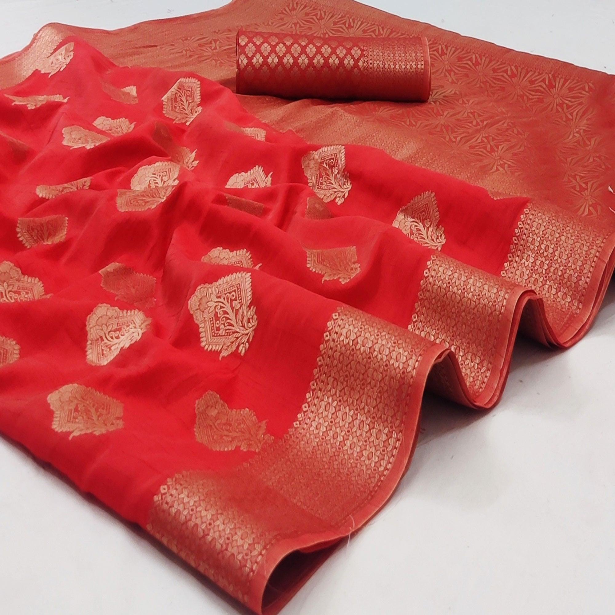 Red Festive Wear Floral Woven Art Silk Saree - Peachmode