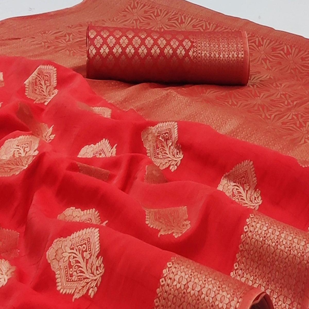 Red Festive Wear Floral Woven Art Silk Saree - Peachmode