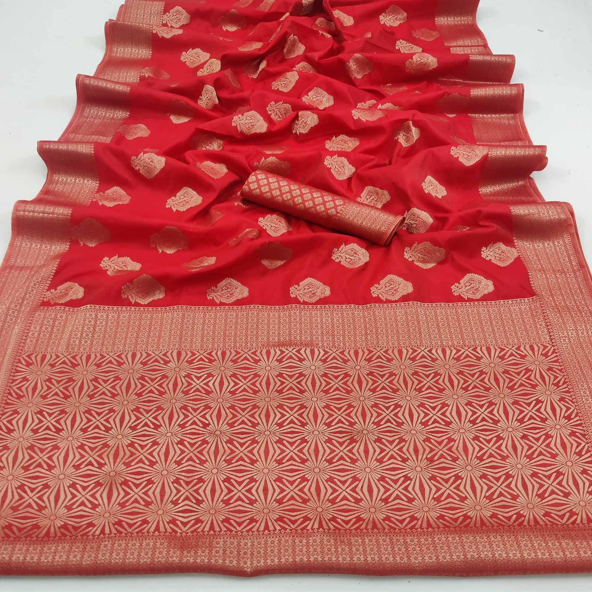 Red Festive Wear Floral Woven Art Silk Saree - Peachmode