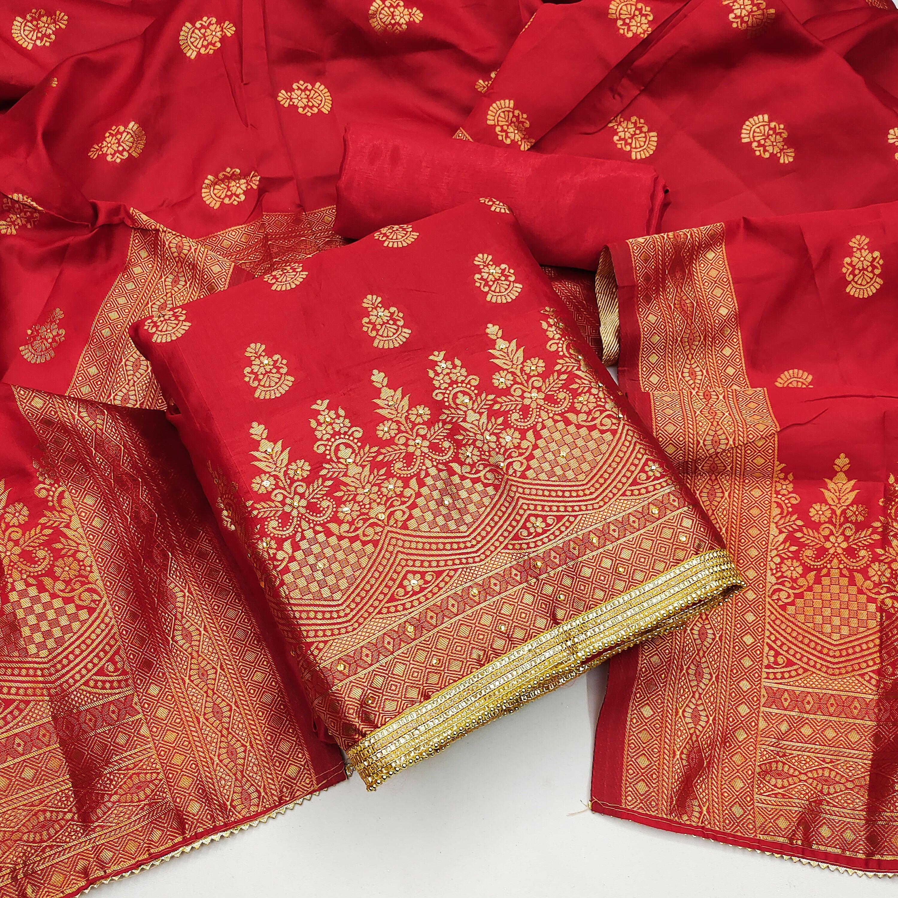 Red Festive Wear Floral Woven Banarasi Silk Jacquard Dress Material - Peachmode