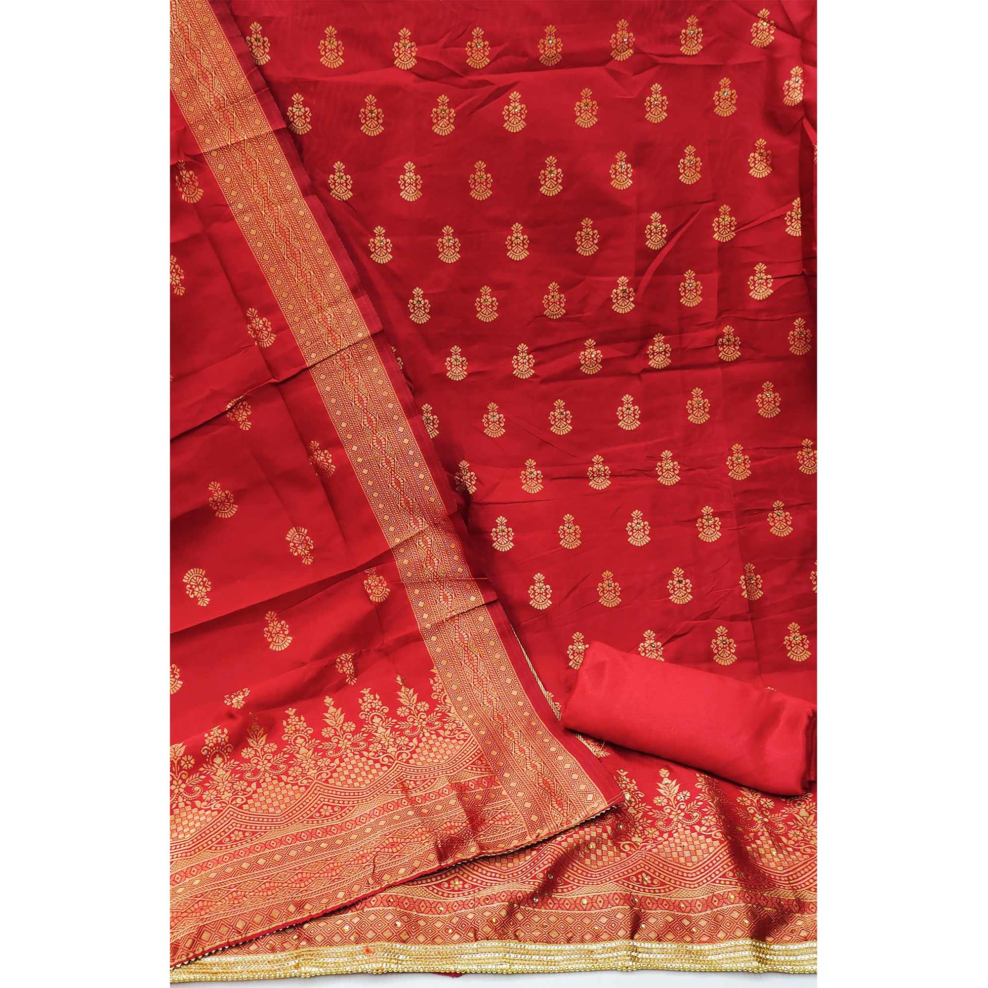 Red Festive Wear Floral Woven Banarasi Silk Jacquard Dress Material - Peachmode