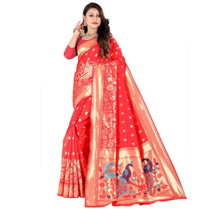 Red Festive Wear Floral Woven Banarasi Silk Saree - Peachmode