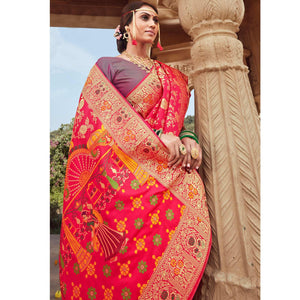 Red Festive Wear Floral Woven Banarasi Silk Saree - Peachmode