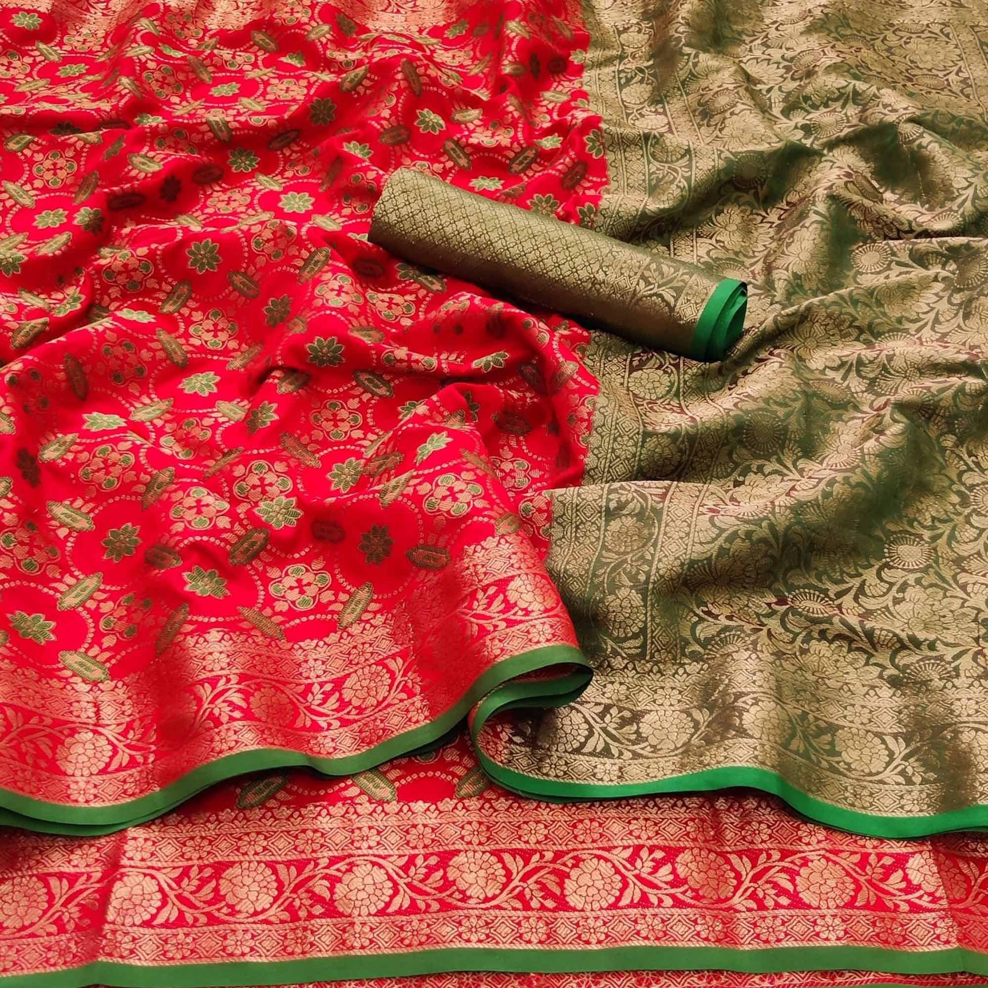 Red Festive Wear Floral Woven Heavy Silk Saree - Peachmode