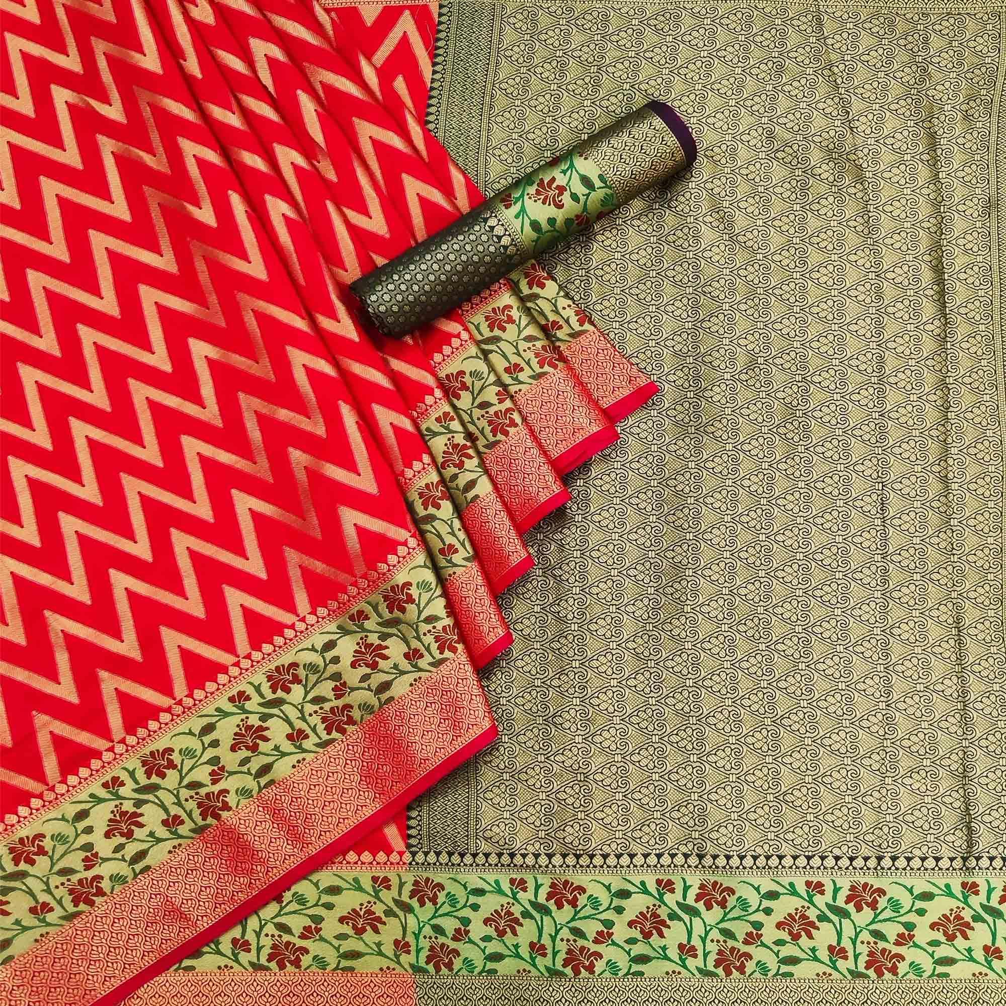 Red Festive Wear Floral Woven Silk Saree - Peachmode