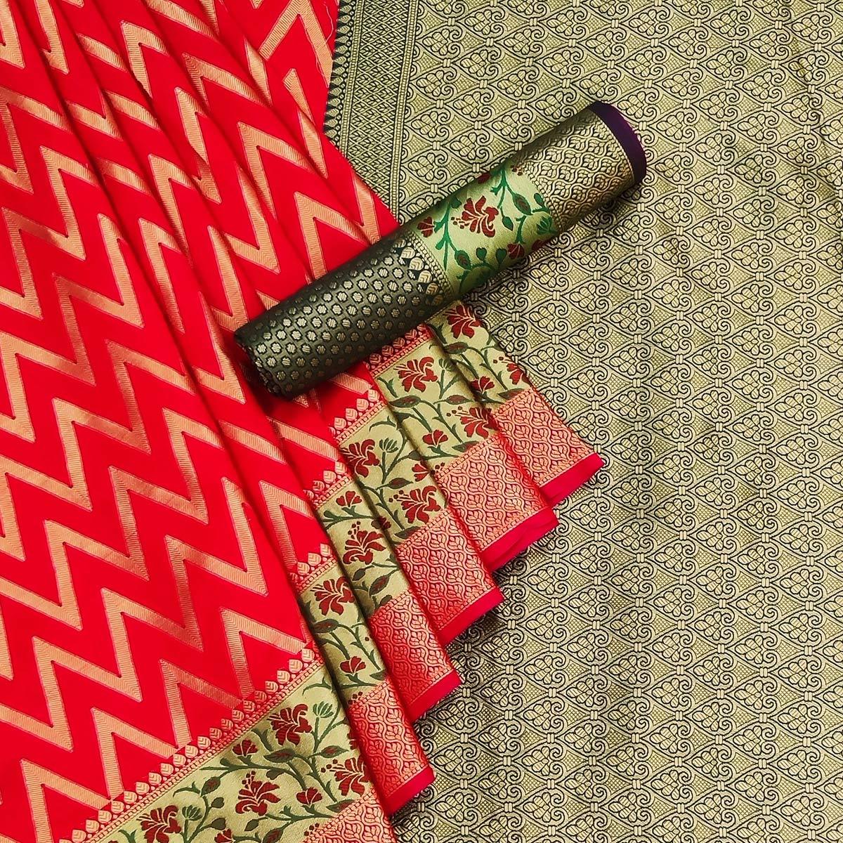 Red Festive Wear Floral Woven Silk Saree - Peachmode